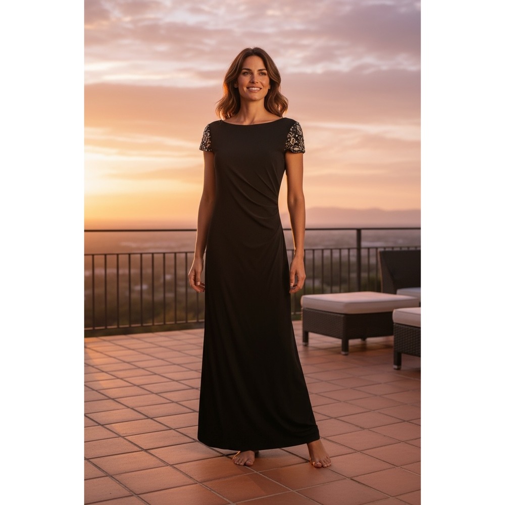 Eliza‎ J Black Maxi Dress Beaded Embellished Sleeves Formal Evening Gown size 8